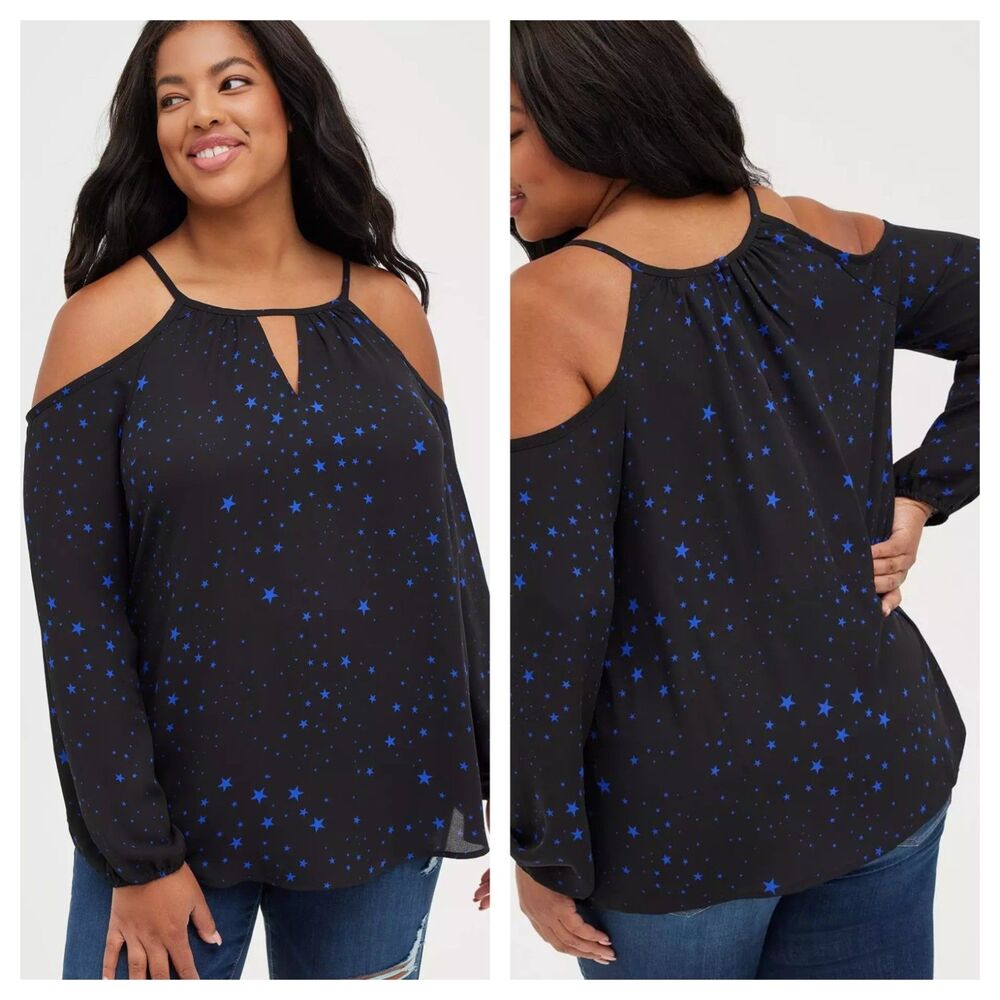 Torrid Georgette Black w/Blue Stars Cold Shoulder Top Blouse Sz 1 (1X,14-16) NEW